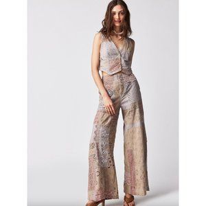 Free People Patchwork Wide Leg Jumpsuit - Beige and Gray